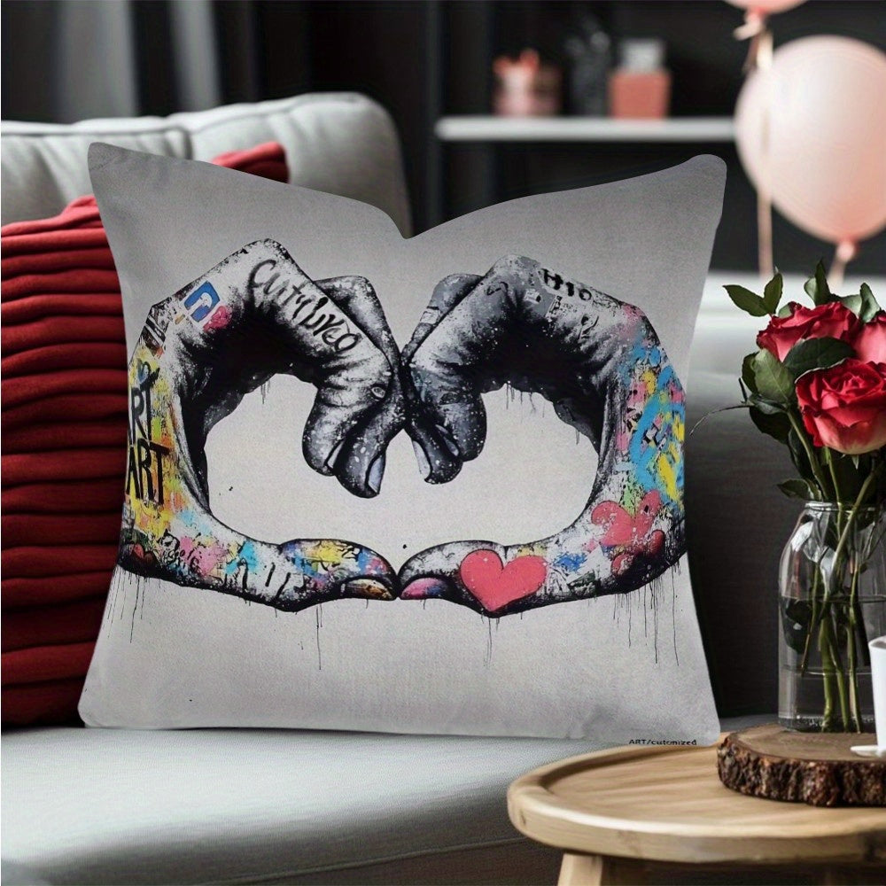 Graffiti Love Hands Cushion Cover 45.72cm Polyester Decorative Pillowcase with Zip Closure for Living Room Bedroom