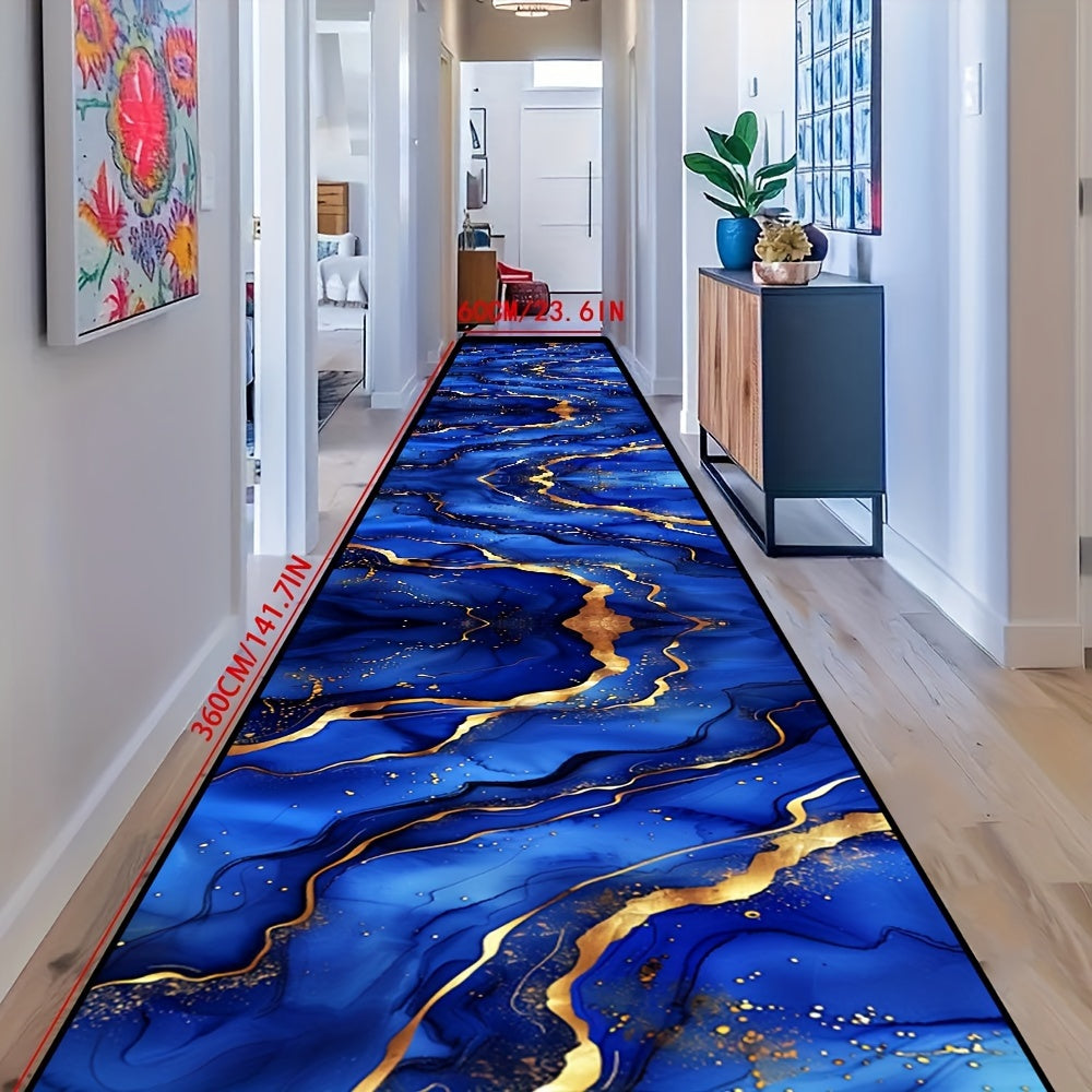 Blue and Gold Abstract Art Velvet Rug, Plush Anti-Skid Kitchen Mat