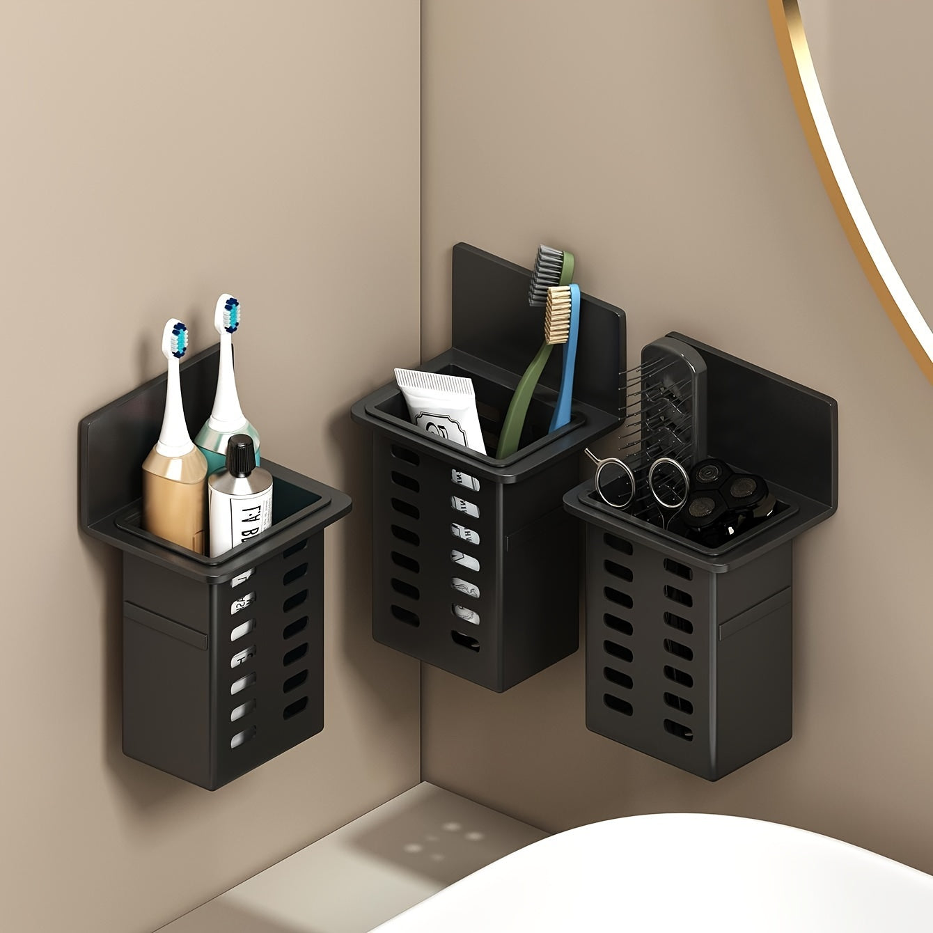 Black Wall-Mounted Bathroom Organizer Mold-Resistant Plastic No-Drill Installation