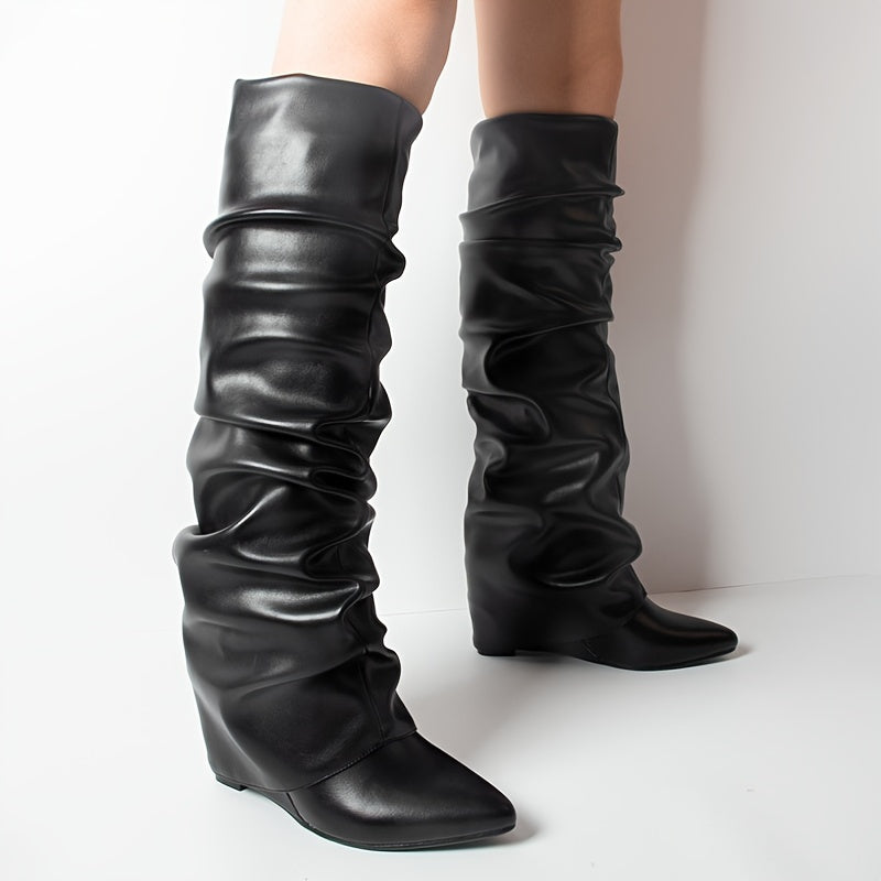 Women's Knee-High Wedge Heel Boots with Zipper and Pointed Toe