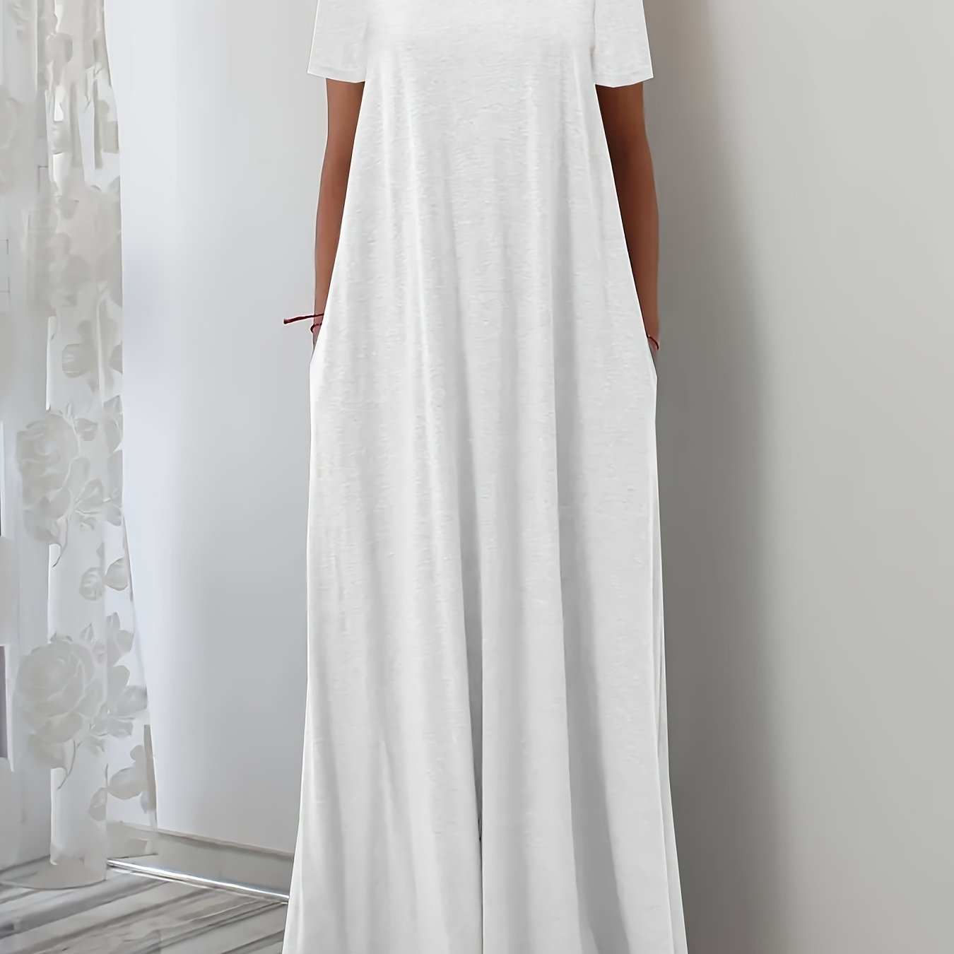 White Maxi Dress with Square Neck Short Sleeves Pockets Flowing Silhouette Polyester Blend