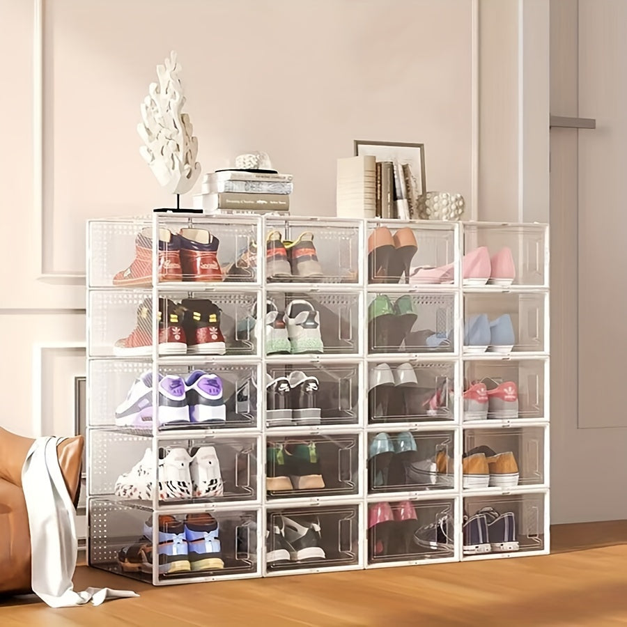 12-Pack Clear Stackable Plastic Shoe Storage Boxes with Flip Top Lids for Space Saving Organization