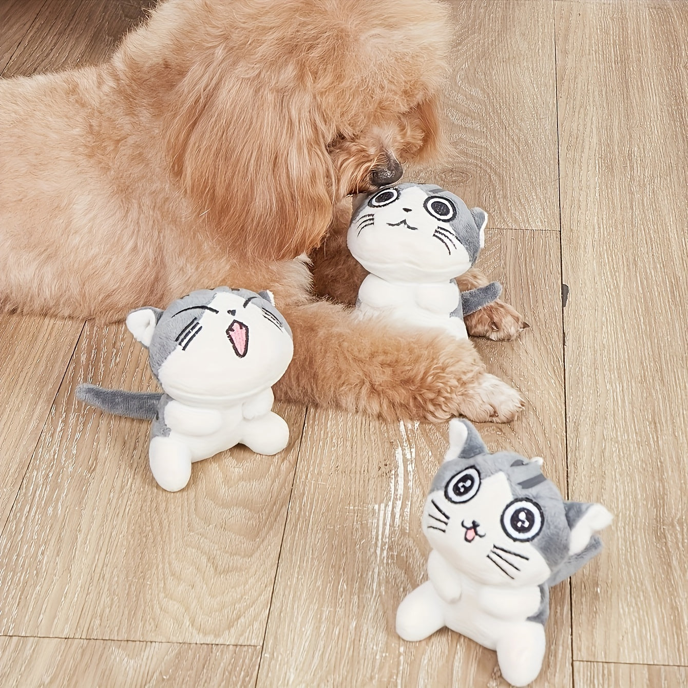 Soft Plush Cat Toy with Cartoon Cat Design in Light Brown White Gray Pink for Small Pets