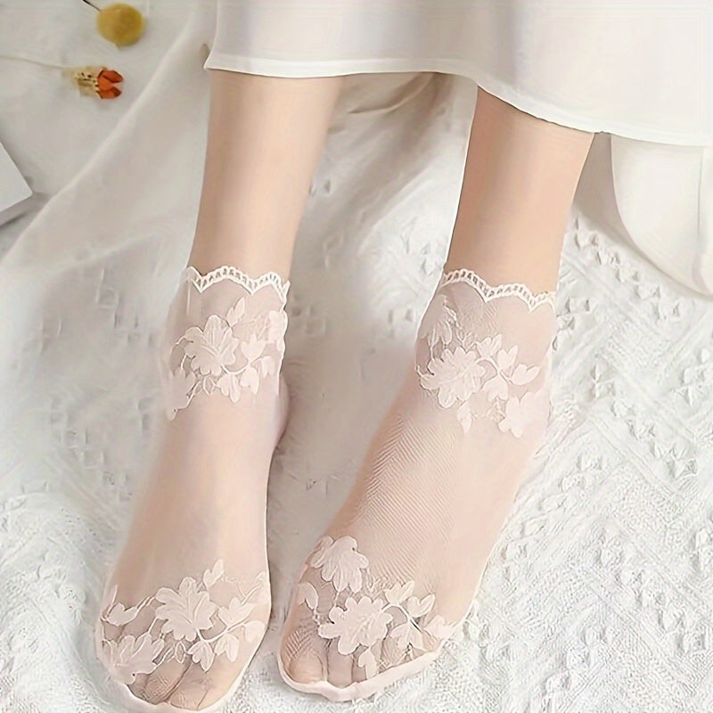 Women's Sheer Lace Ankle Socks 3 Pairs Cotton Polyester Spandex Solid