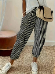 Pantalones casual de mujer de talla grande, ligeros, a rayas en negro y blanco