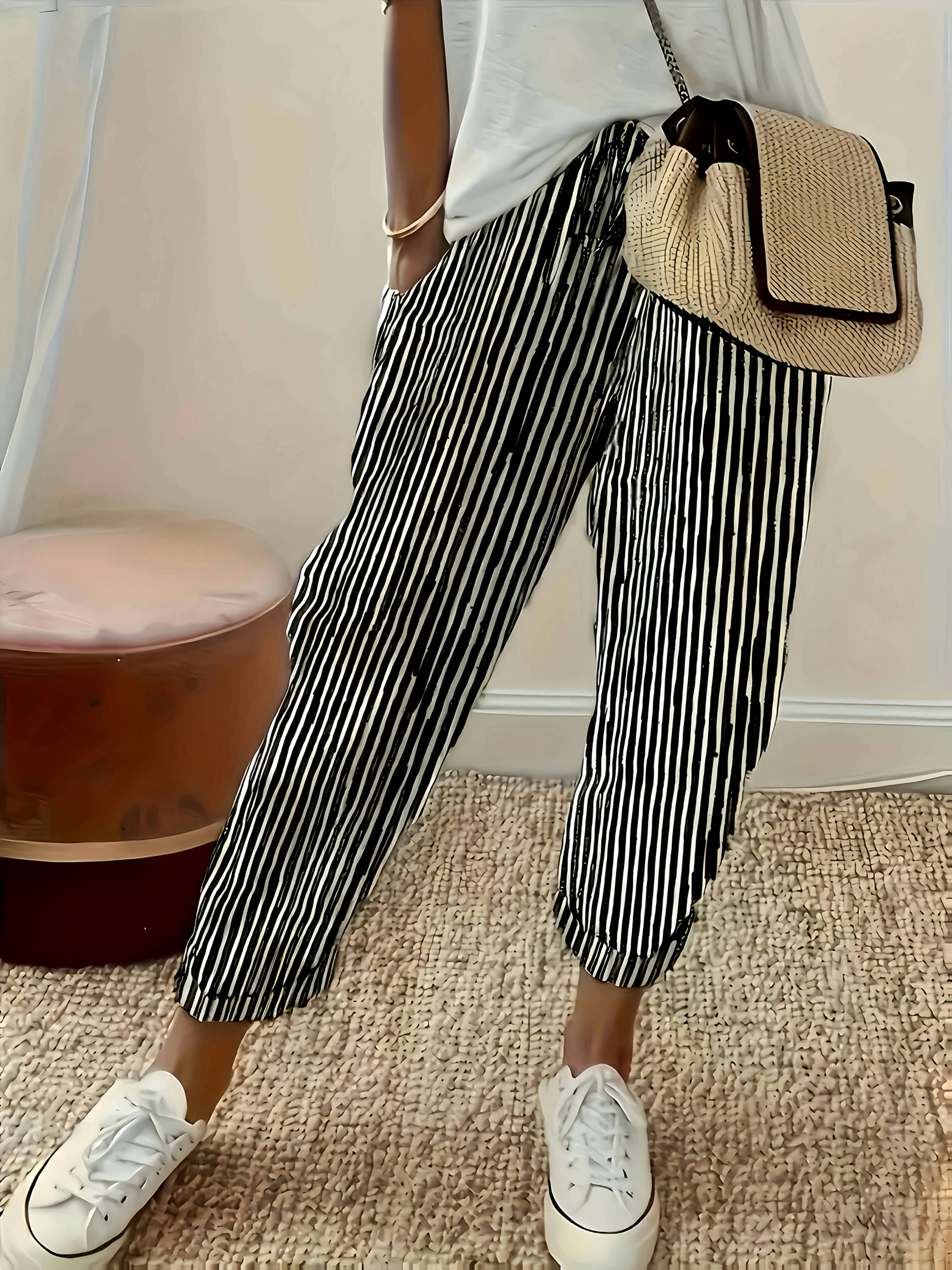 Pantalones casual de mujer de talla grande, ligeros, a rayas en negro y blanco