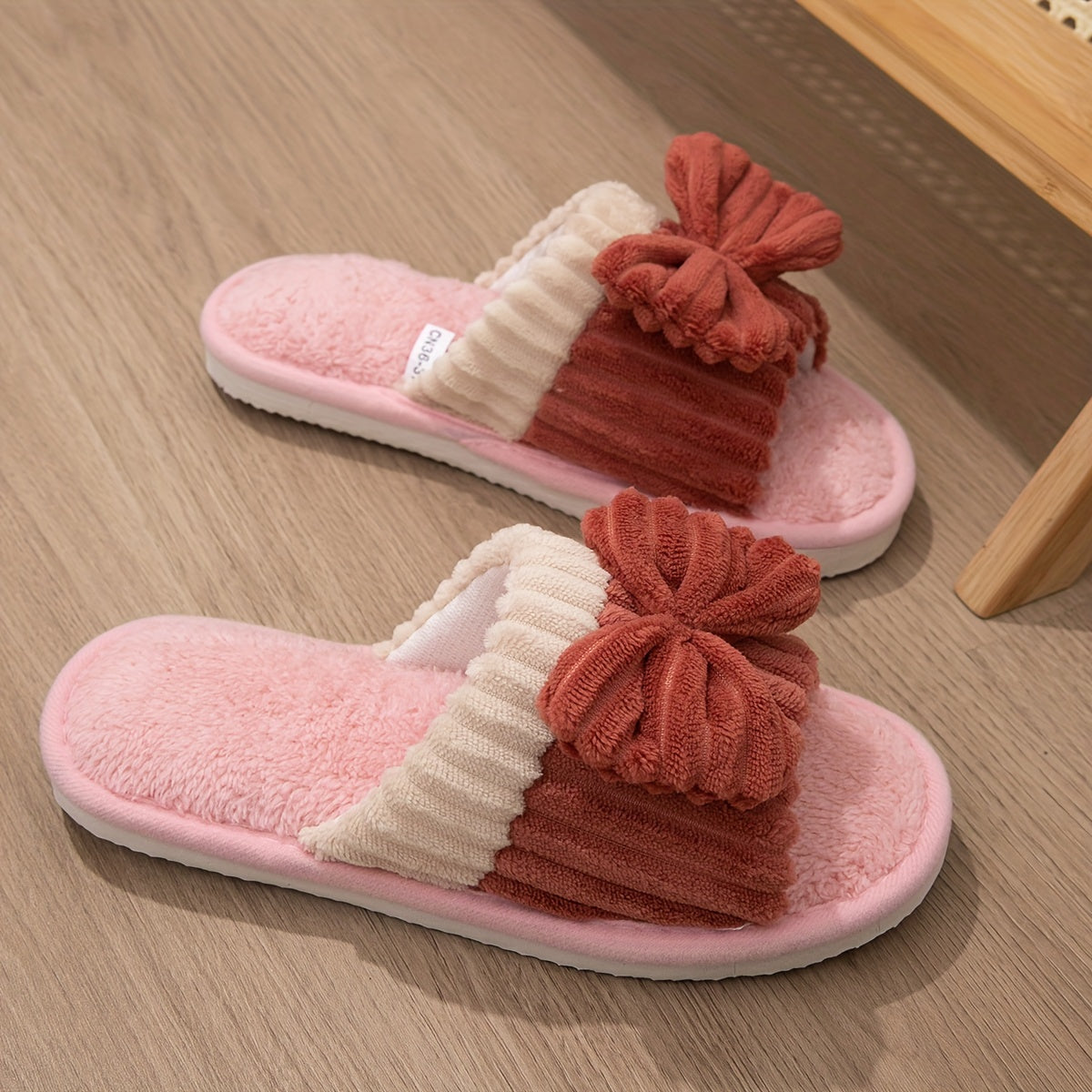 Women's Plush Open Toe Slippers with Bowknot Decor for Indoor Comfort