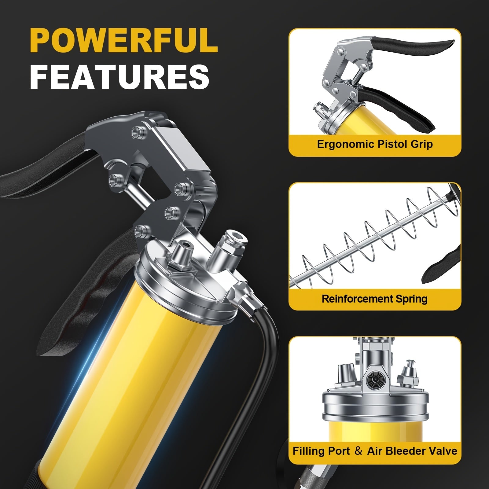 Heavy Duty Grease Gun Kit Stainless Steel 8000 PSI 14 Oz with 45.72cm Hose