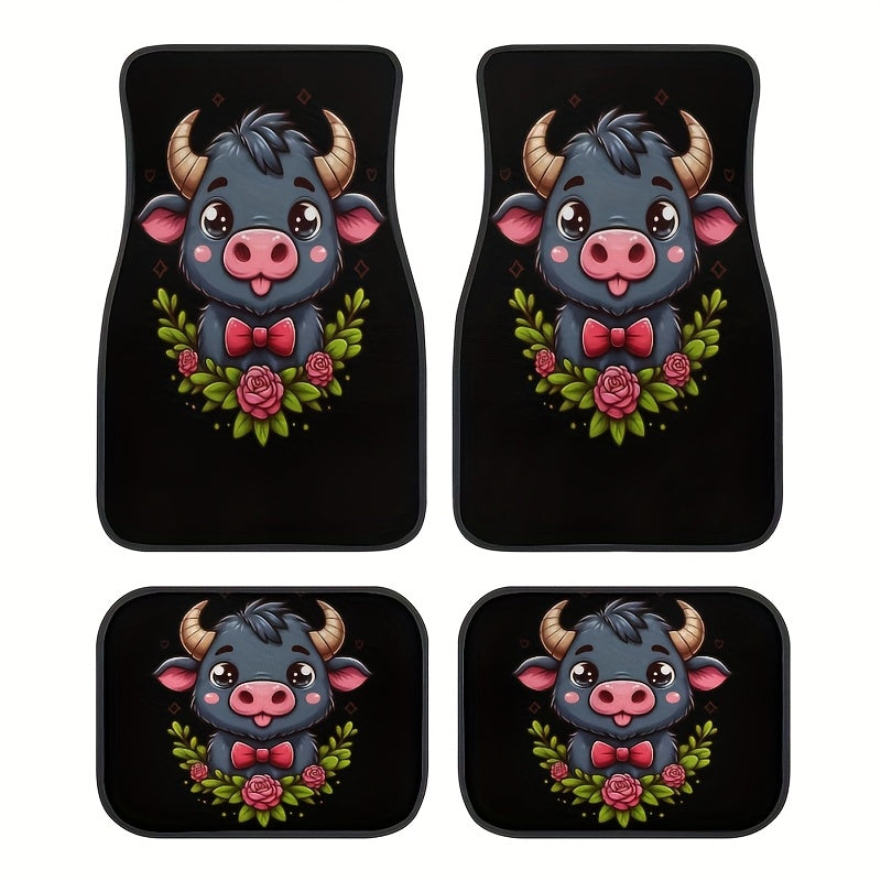 4PCS Non-Slip Water Absorbent Highland Cow Pattern Car Floor Mats for Sedan SUV