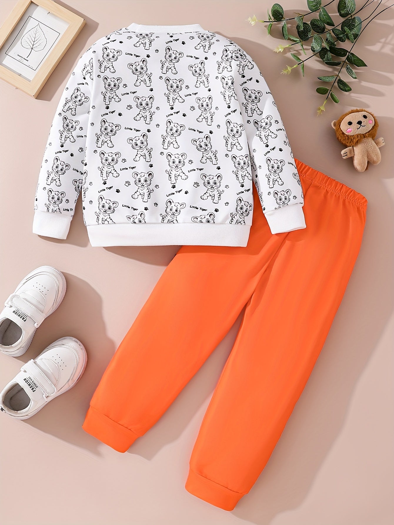 Kids' Tiger Print Sweatshirt Set Polyester Knit Spring Autumn Casual 2pcs