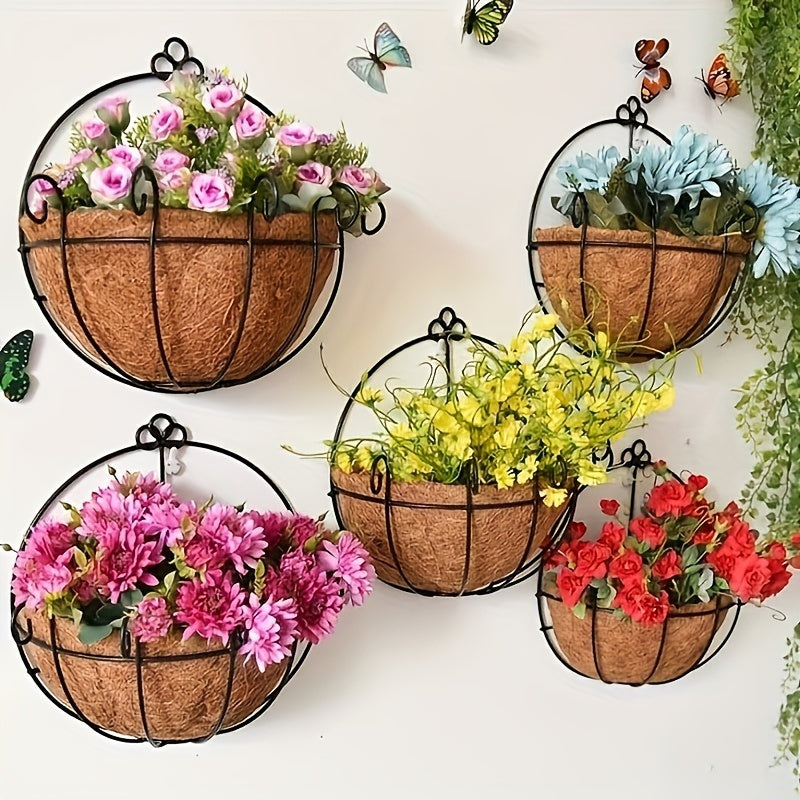Rustic Iron Wall Hanging Planters Set 10 Inch Metal Flower Pots with Coconut Liners Indoor Outdoor Garden Decor