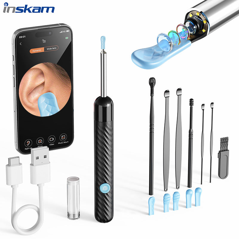 INSKAM quloq mumini tozalash vositasi, kamera, yorug'lik va 6 ta quloq qopqog'i bilan. Yettita qismlik simsiz quloq mumini olib tashlash vositasi. Wifi ulanishini qo'llab-quvvatlaydi, barcha smartfonlar bilan ishlaydi. Qayta zaryadlanadigan litiy.