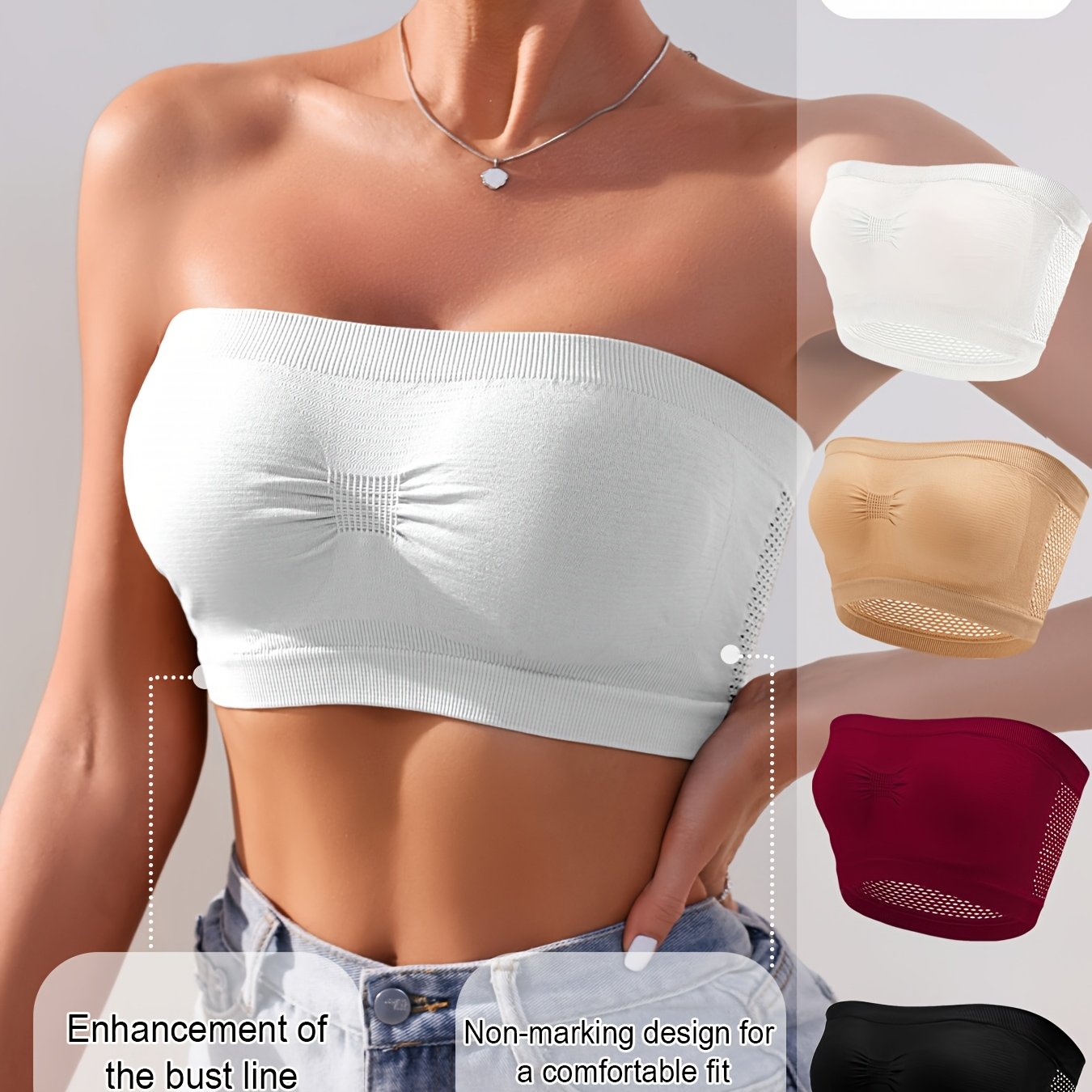 Plus o'lcham tarmoq bandeau tube bra, slayt qilmaydigan, shilqim va nafas oladigan, 4 ta paket