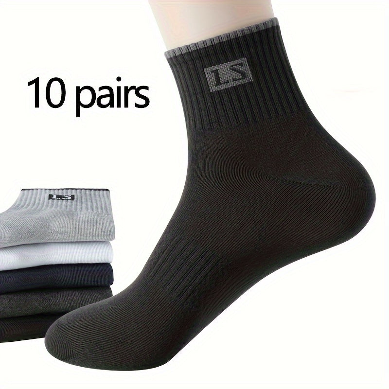 Men's Solid Crew Socks 10 Pairs Breathable Casual Outdoor All Seasons