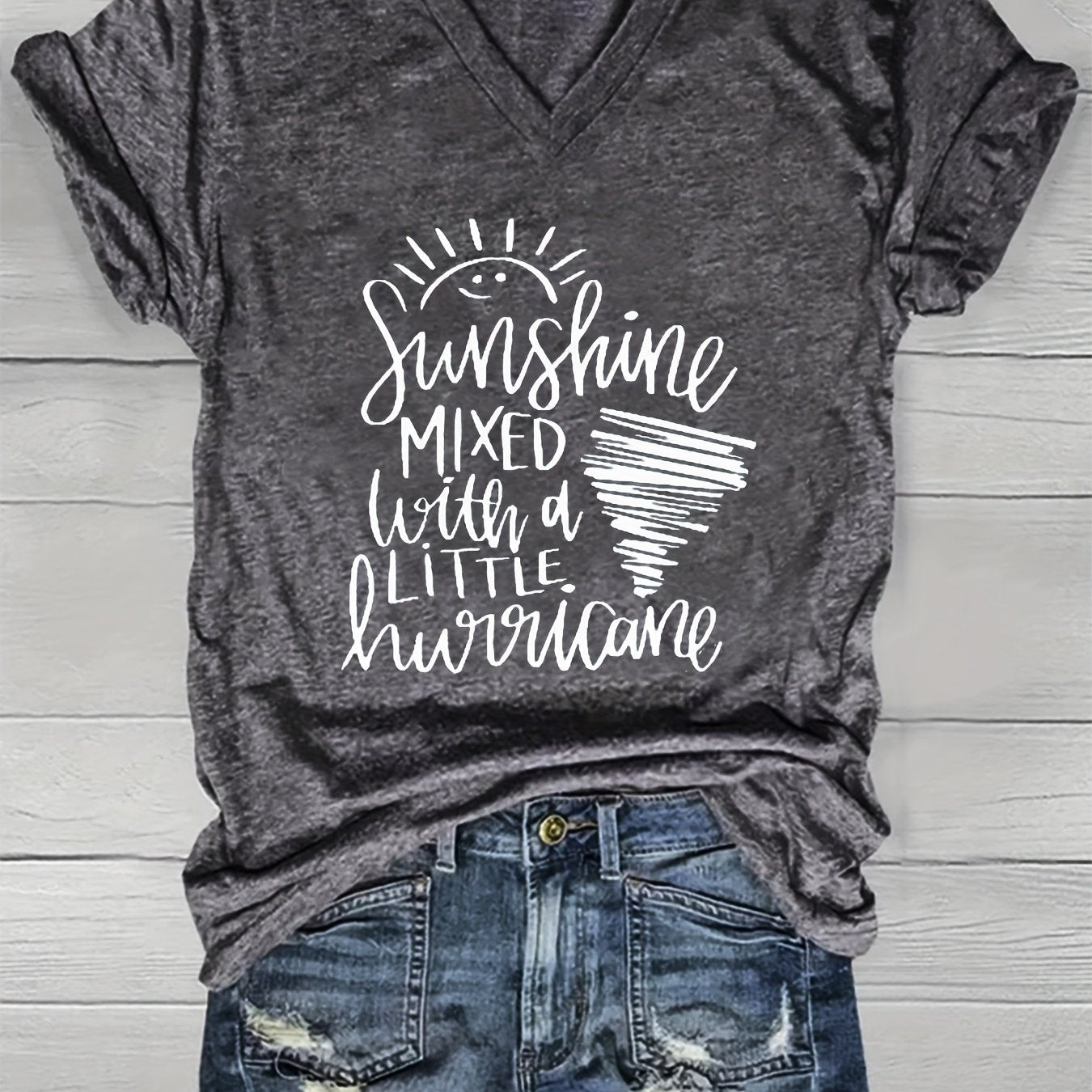 Women's Heather Gray V-Neck Short Sleeve T-Shirt Relaxed Fit Summer Top