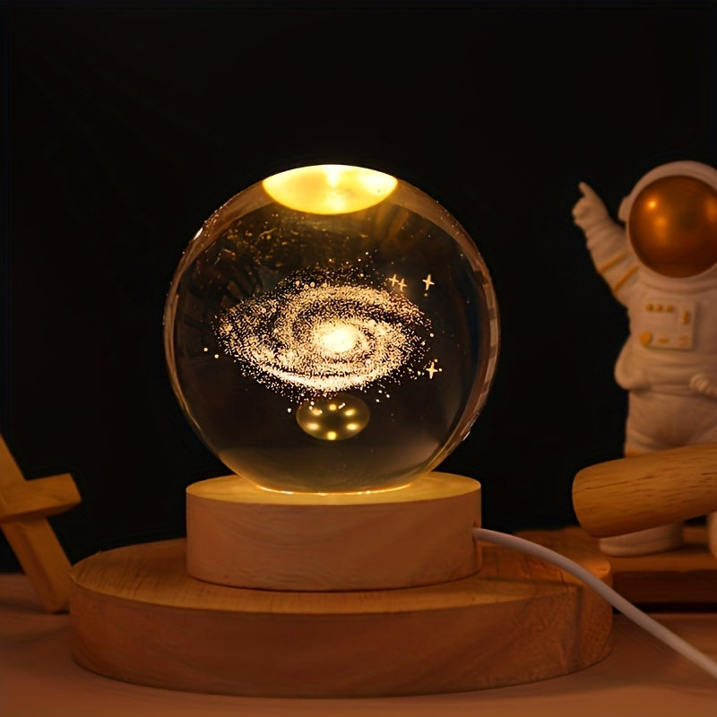 3D Laser Engraved Crystal Ball Night Light Solar System Saturn USB Powered Gift