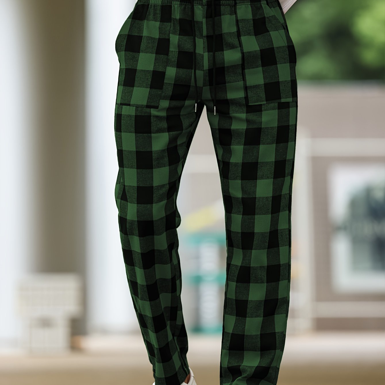 Men's Casual Plaid Woven Polyester Drawstring Lounge Pants