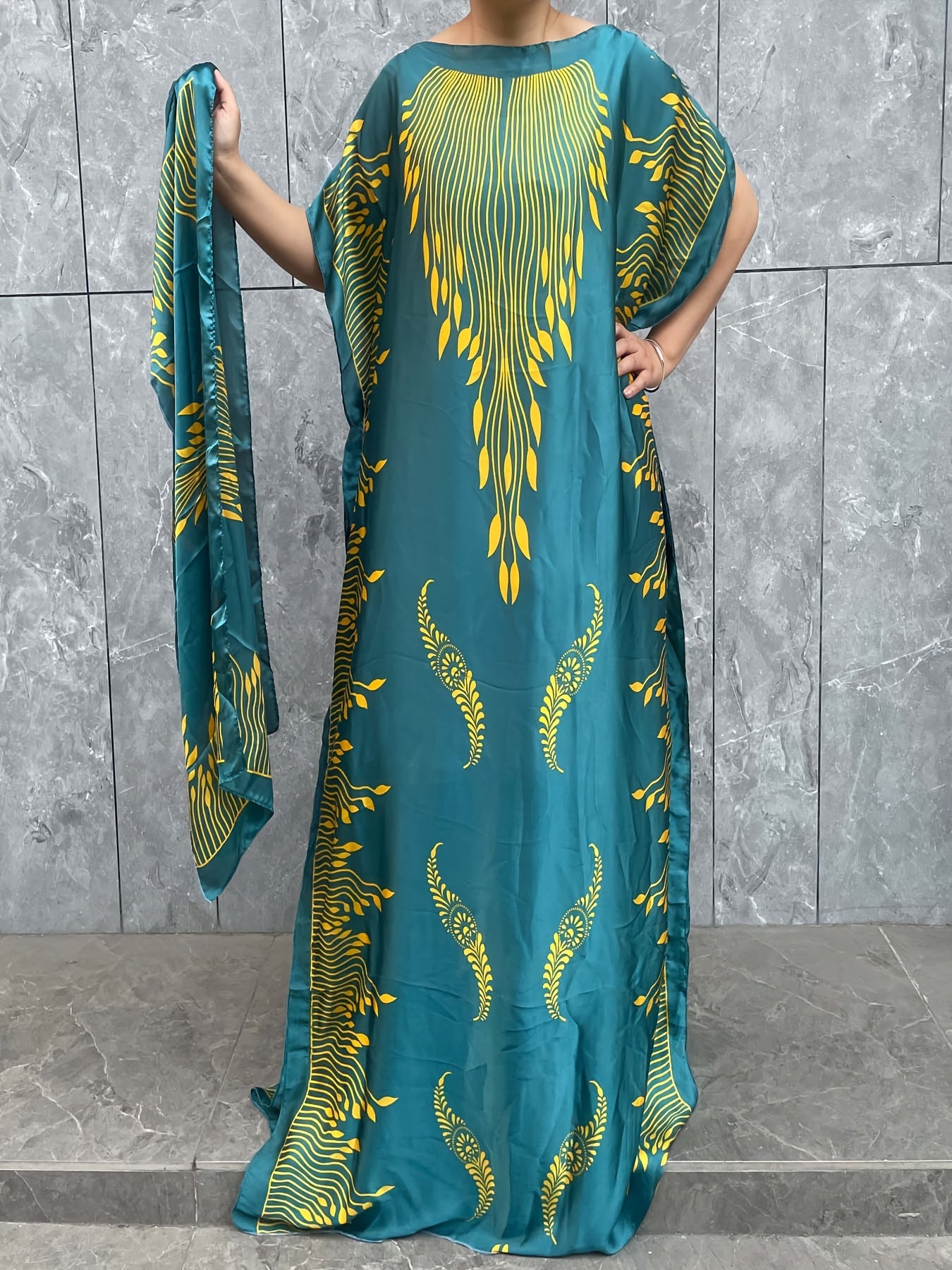 Plus Size Turkish Kafatan Robe With Scarf Geometric Polyester Bat Sleeve