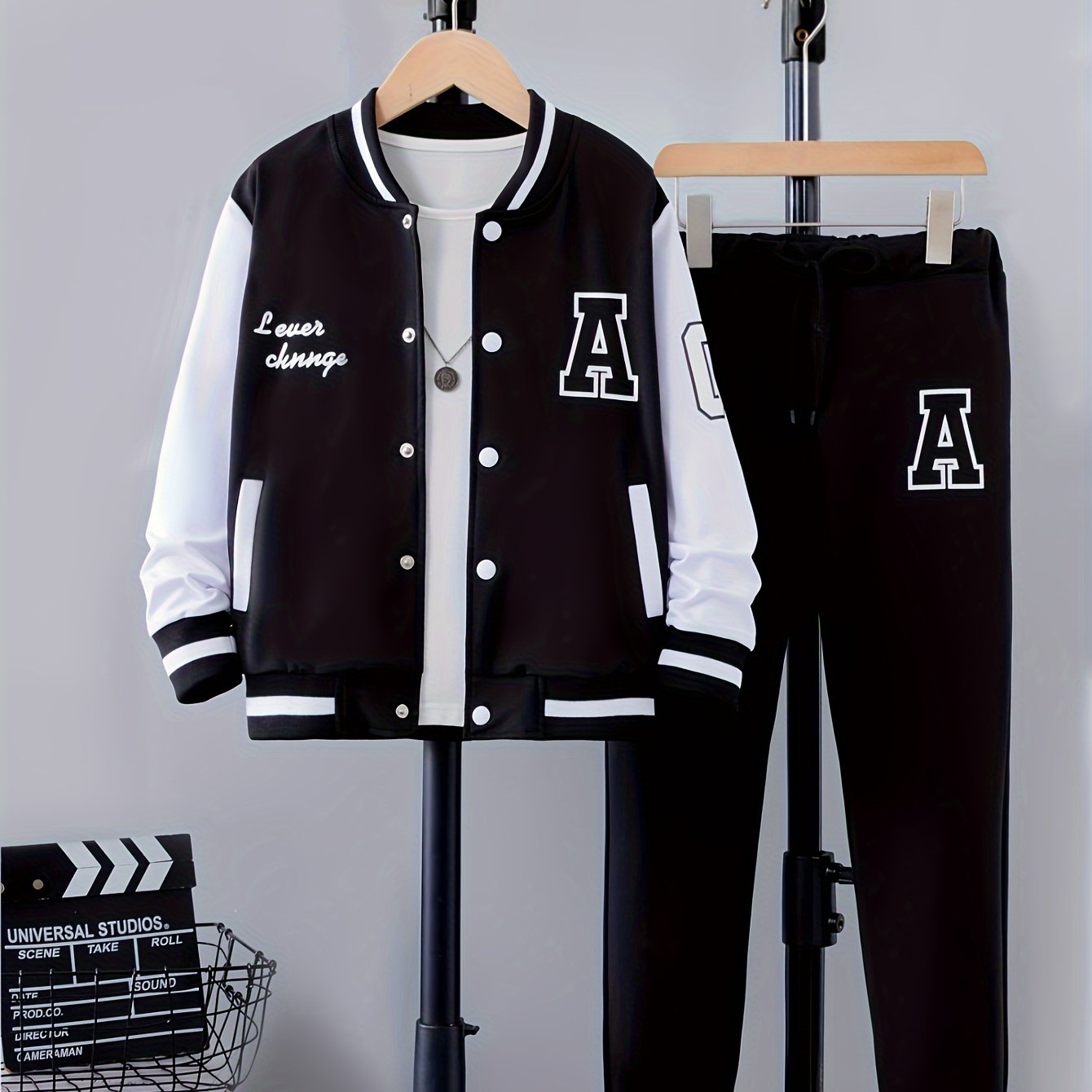 Kids Boys Letter Print Varsity Jacket and Pants Set Fall Winter Casual Clothing