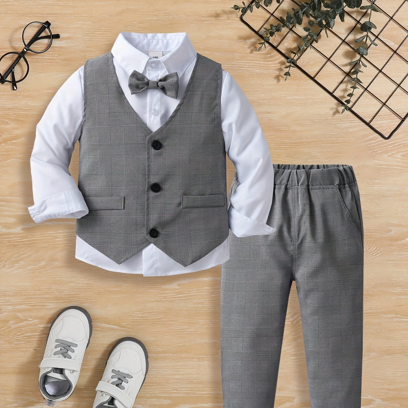 Boys' Spring and Autumn Dress Suit Three-Piece Set Polyester Solid Color Casual Age 12 and Under