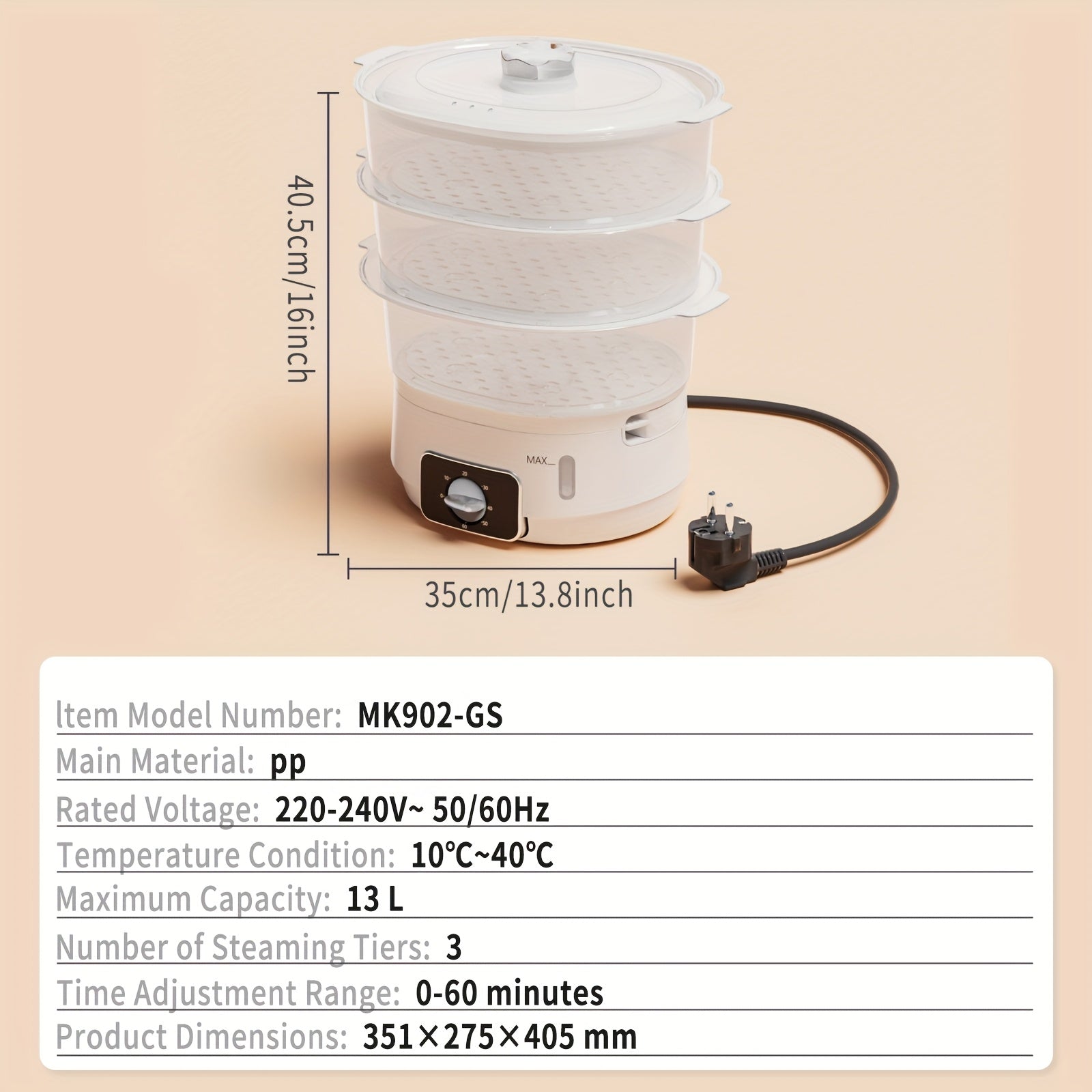 1 EU LIPWEL bug'lamali pech, 13L sig'imli, 800W, 3 ta konteyner, 60 min taymer, 2 ta suv kirish joyi, oq rang, stackable savat. Sabzavotlar, tuxum, guruch va mol go'shtini bug'lash uchun juda yaxshi.