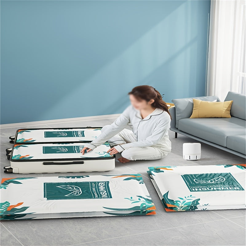 PVC materialidan tayyorlangan to'rtburchak shaklidagi uch dona Space Saver vakuum saqlash sumkasi kiyim, yotoq, yostiq, ko'rpa va ko'rpachalarni siqish va muhrlash uchun. Elektr energiyasi talab qilinmaydi. Yostiq va kiyim saqlash uchun mos.