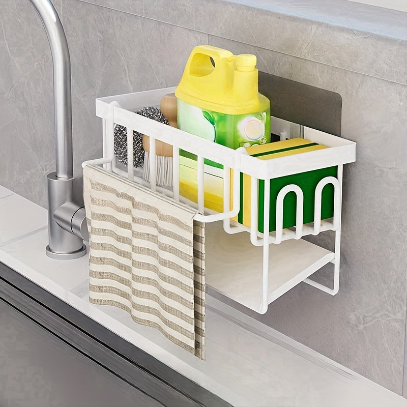 Organizador de fregadero de cocina con soporte para toallas, soporte para esponjas de metal, soporte para jabón y drenaje automático