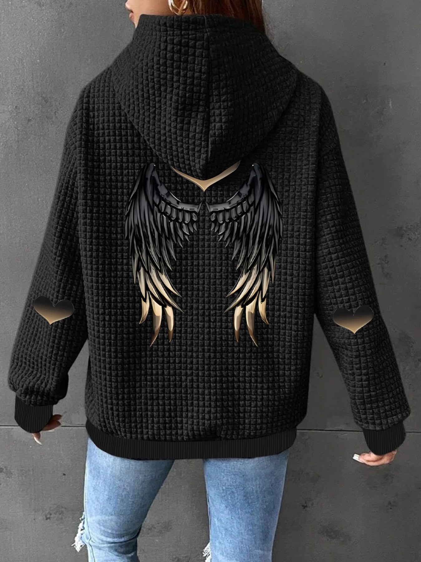 Women's Black Waffle Knit Hooded Zip-Up Jacket Casual All-Season Coat