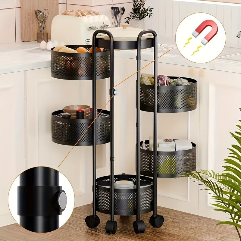 5-Tier Rotating Vegetable Storage Rack with Metal Shelves and Casters