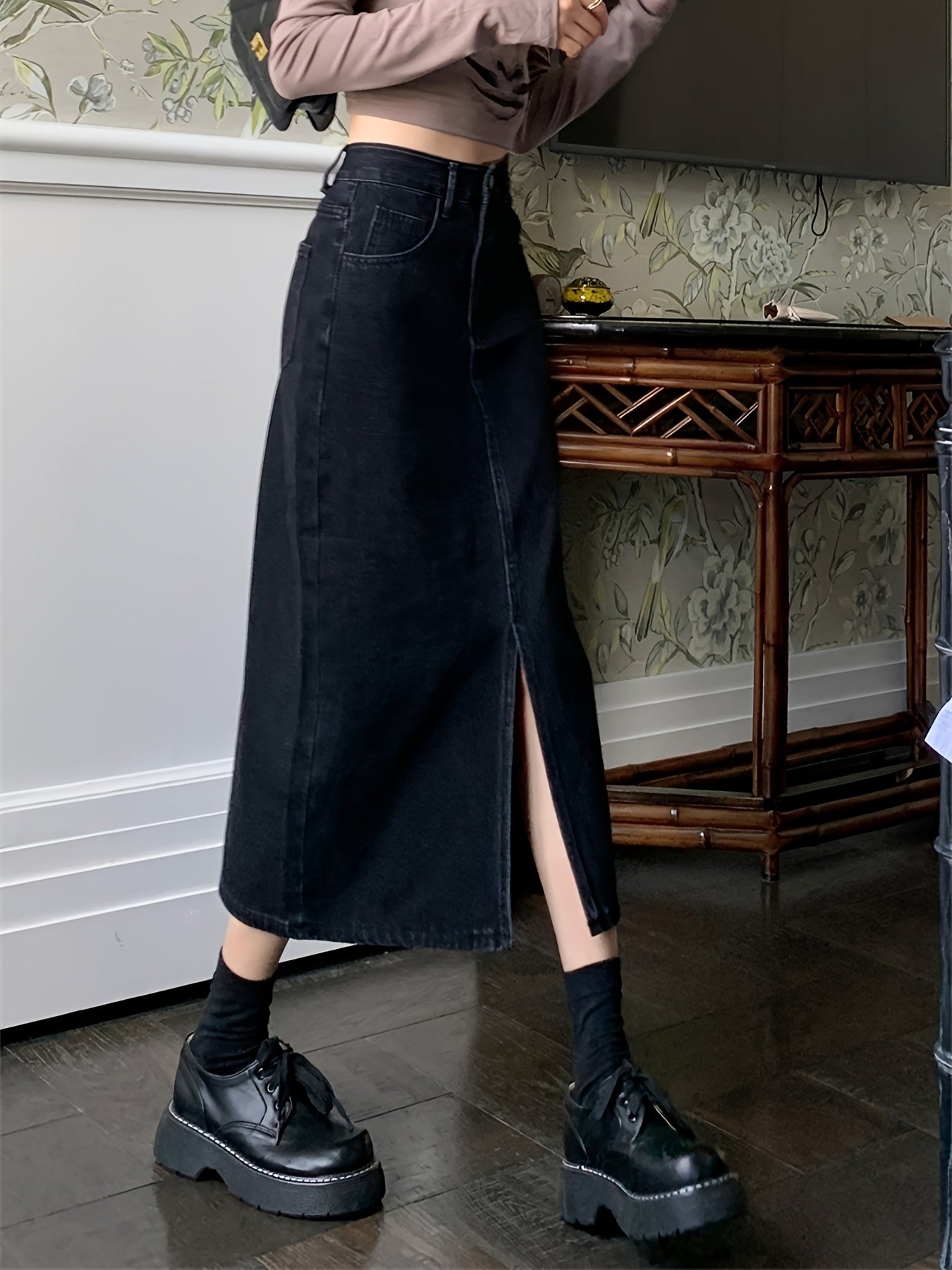 Black Denim Midi Skirt with Front Slit, High Waist, Machine Washable, Summer Style