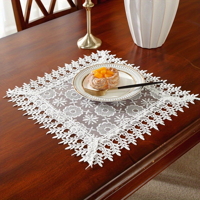 Polyester Table Runner with White Embroidery Flowers and Lace Edge for Dining or Room Decor