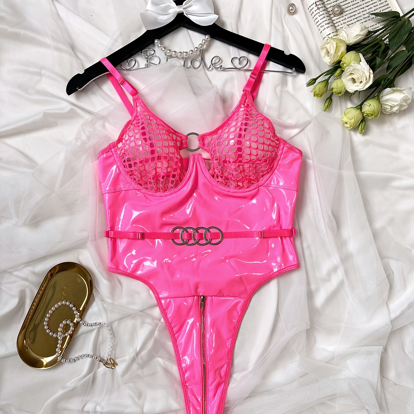 Body de mujer con patrón de rejilla hueca y patchwork, traje de cuerpo sexy y a la moda para ropa