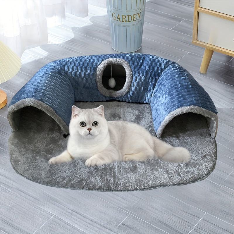 Cat Tunnel Bed with Play Mat and Warm Nest for Small to Medium Pets