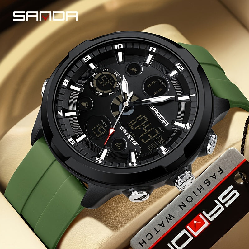 Men's Sports Watch Quartz Chronograph Water-Resistant 5ATM with Date Display and Silicone Strap