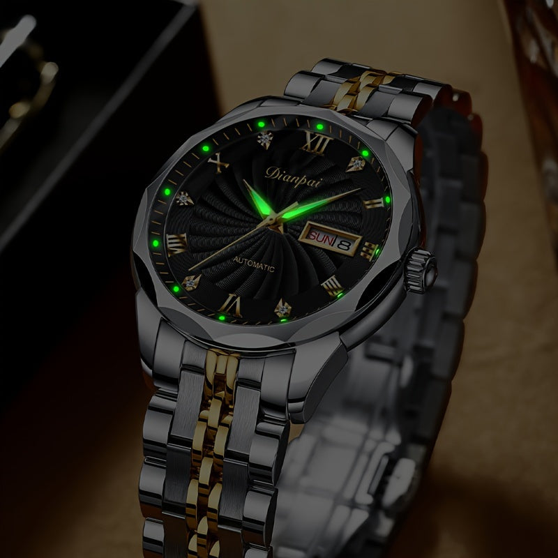 Men's Automatic Mechanical Watch Luminous Hands Gold Stainless Steel Waterproof Date Display