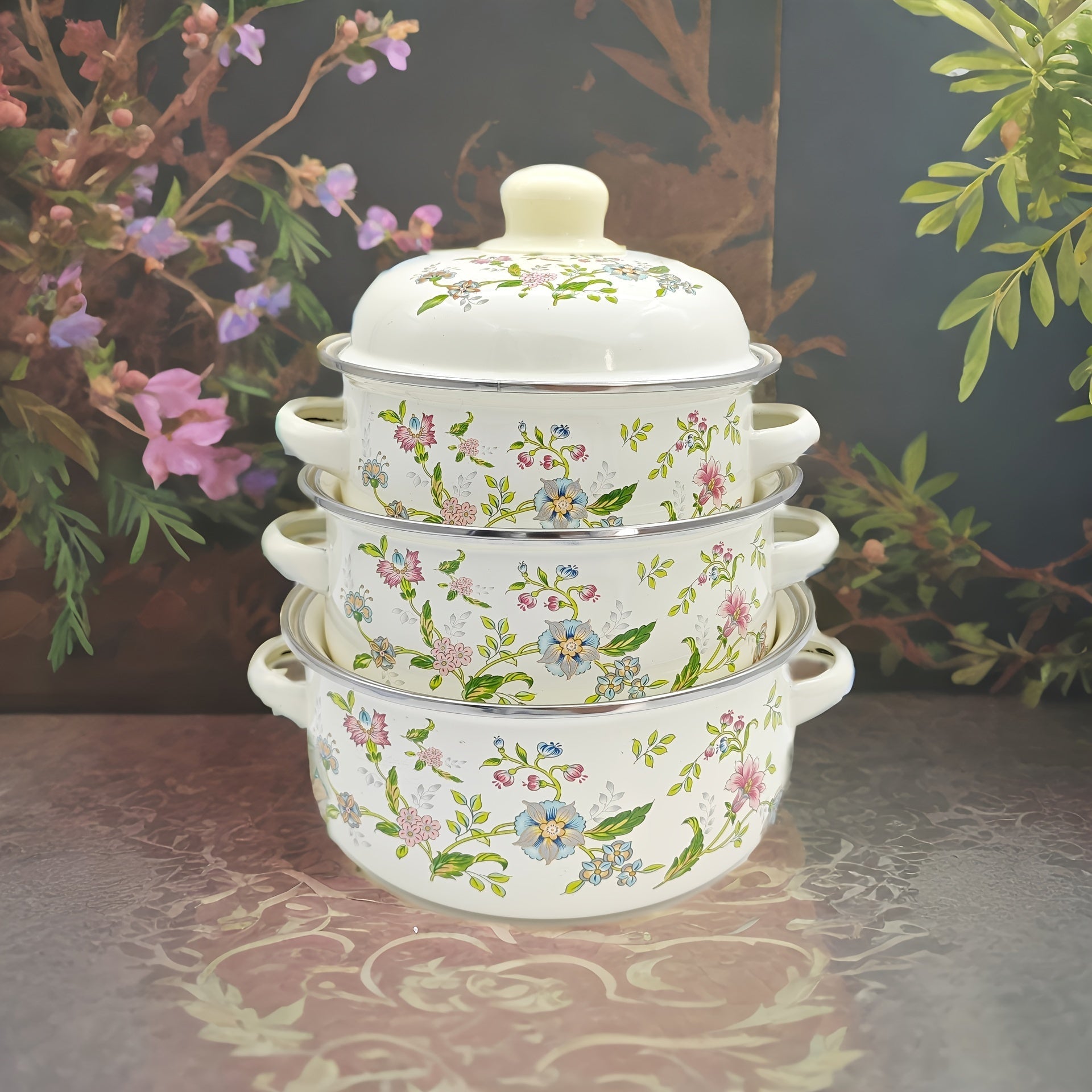 Набор из 3 эмалированных соусников с цветочным дизайном для газовых плит и домашнего использования