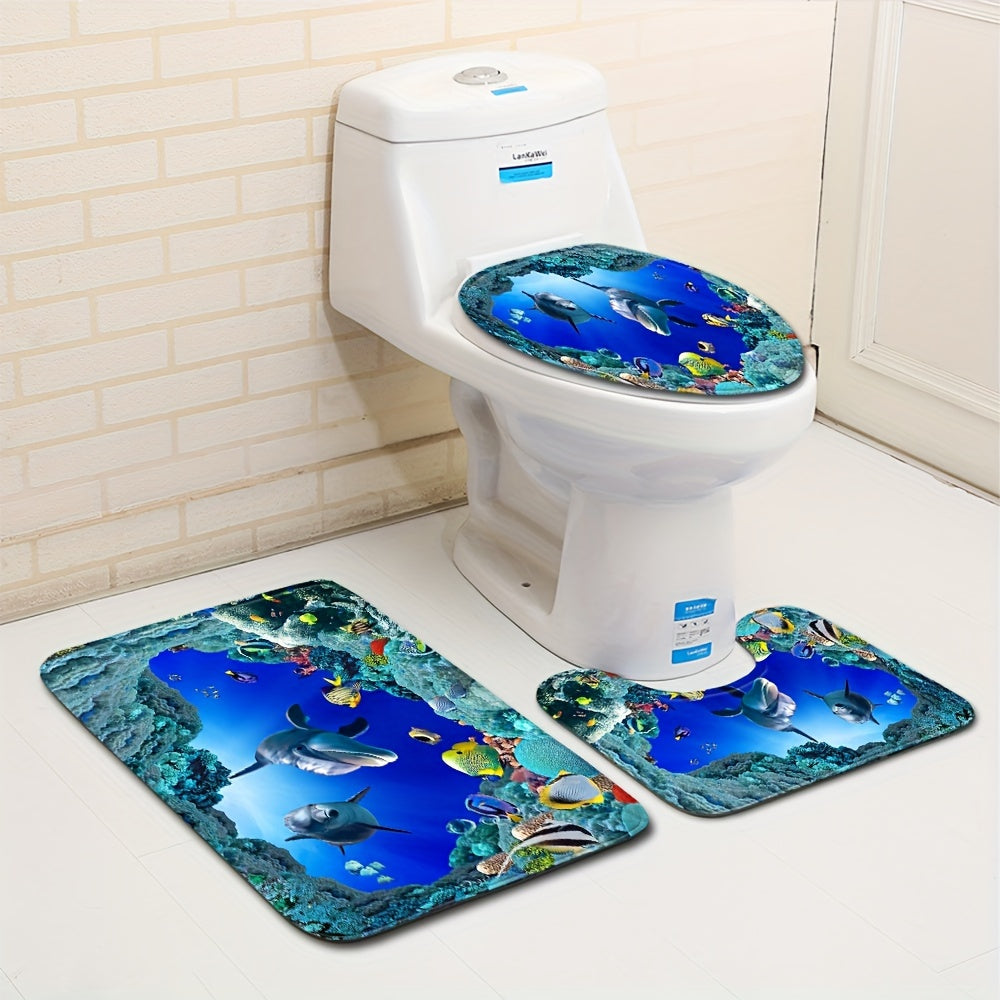 Set of 3 Ocean Underwater Cave Fish Bathroom Mats Non-Slip Water Absorbent Coral Reef Design