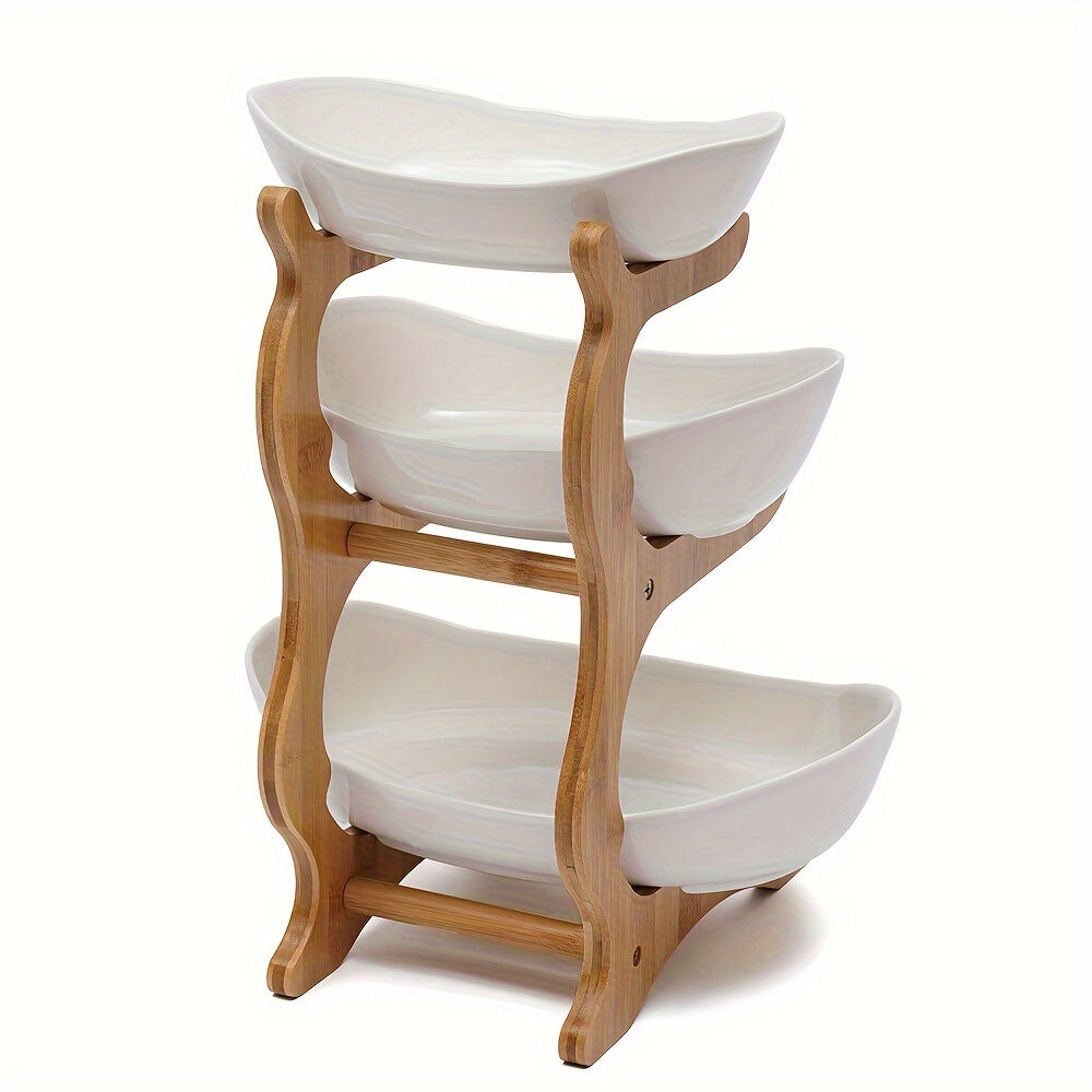 3-Tier Ceramic Fruit Tray with Wooden Stand Kitchen Vegetable Basket Durable