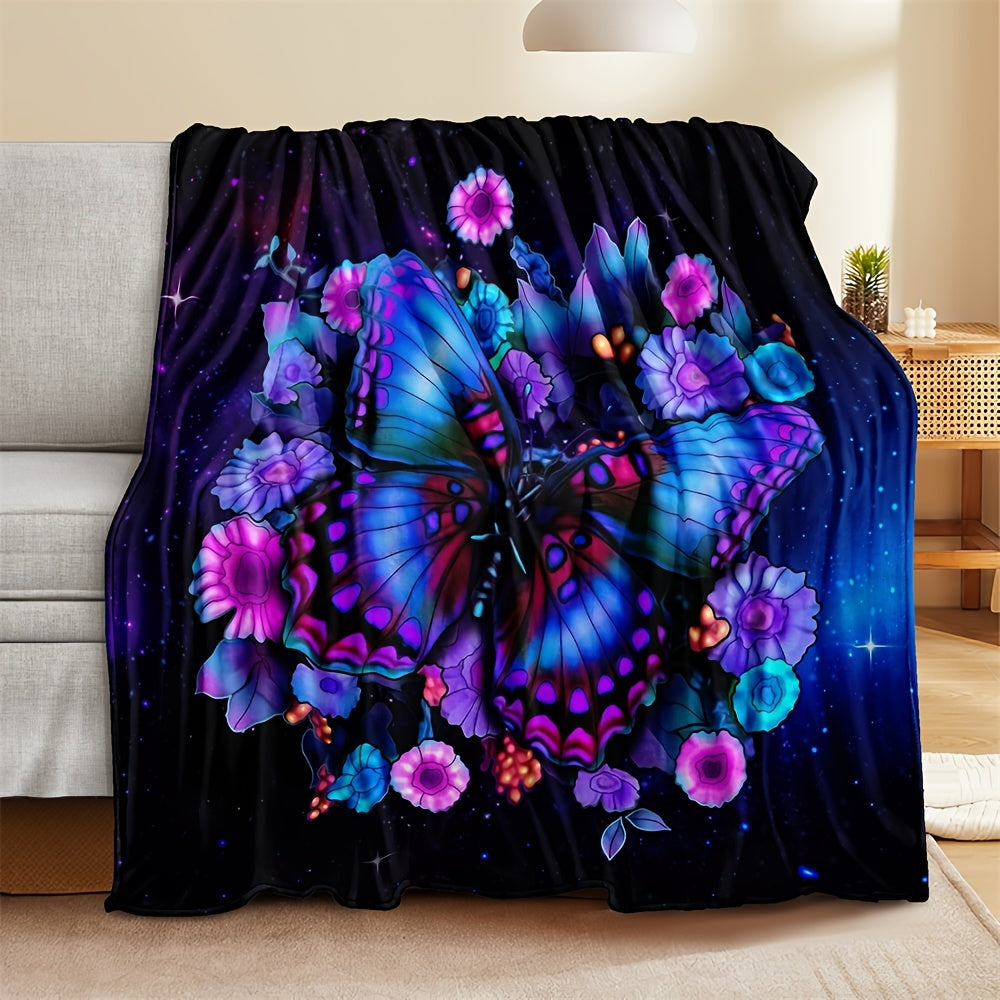 Purple Floral Butterfly Fleece Throw Blanket Lightweight Cozy for Sofa Bed Travel