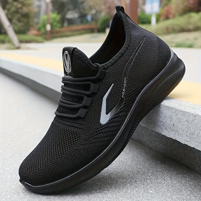 Men's Black Athletic Sneakers with White Accents Breathable Mesh Low Top Casual Gym