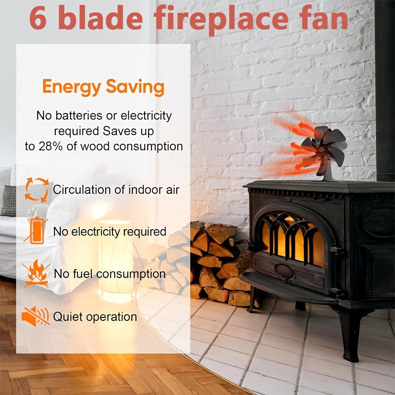 Black Aluminum Fireplace Fan 6-Blade Silent Heat Distribution Winter Gift