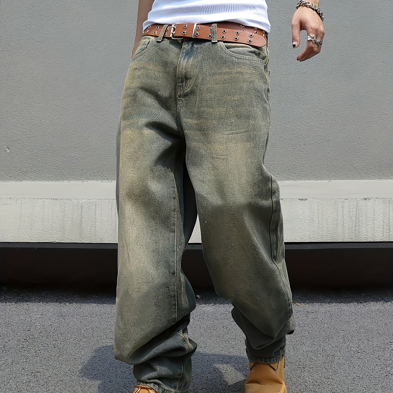 Men's Extra Long Loose Fit Denim Jeans with Geometric Pattern Cotton Blend Non Stretch Fabric Zipper Fly All Season