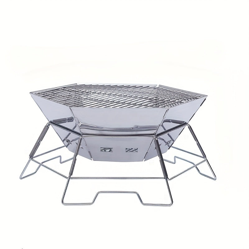 Портативный гриль из нержавеющей стали для барбекю, кемпинга, пикников и приготовления на открытом воздухе. Складной шестиугольный дизайн с регулируемыми ножками и вентиляционными отверстиями.