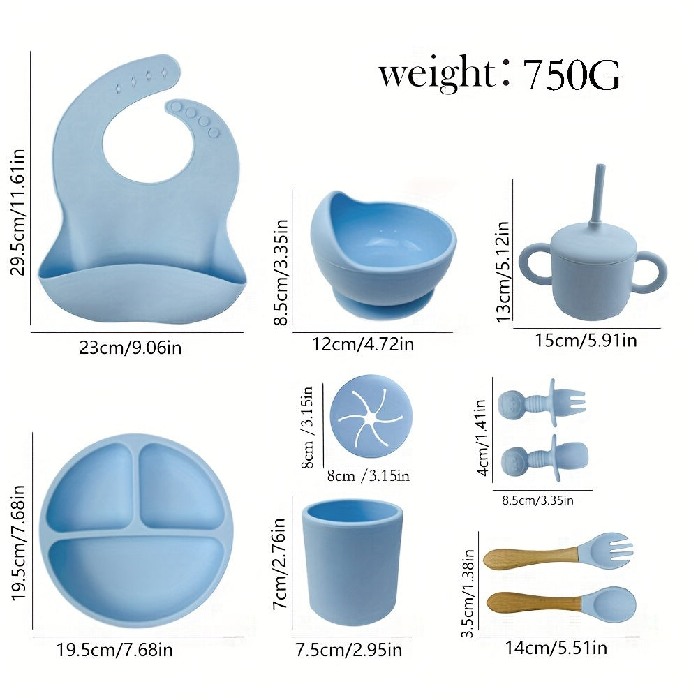Juego de vajilla de silicona para niños con vaso con escurridor incorporado, babero y herramienta para snacks