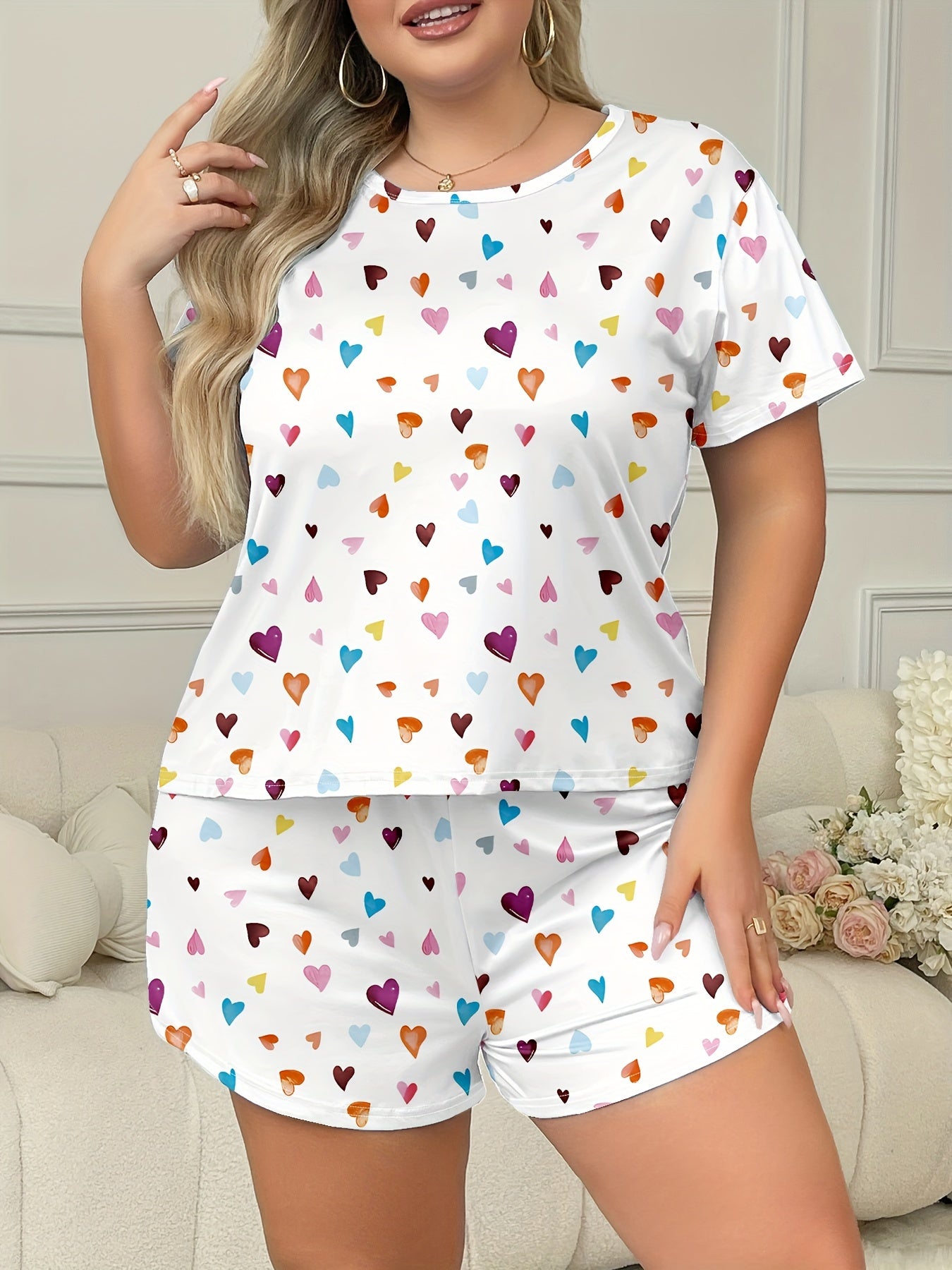 Plus Size Women's Pajama Set, Cotton T-Shirt and Shorts, Home Wear Large Size