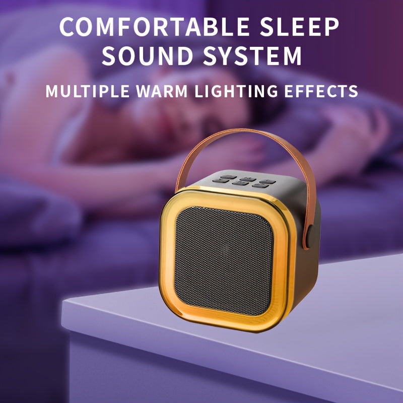 Ikki simsiz mikrofon va rangli chiroqlar bilan jihozlangan portativ karaoke dinamik, oilaviy tug'ilgan kunlar va ochiq havoda sayohatlar uchun ideal.