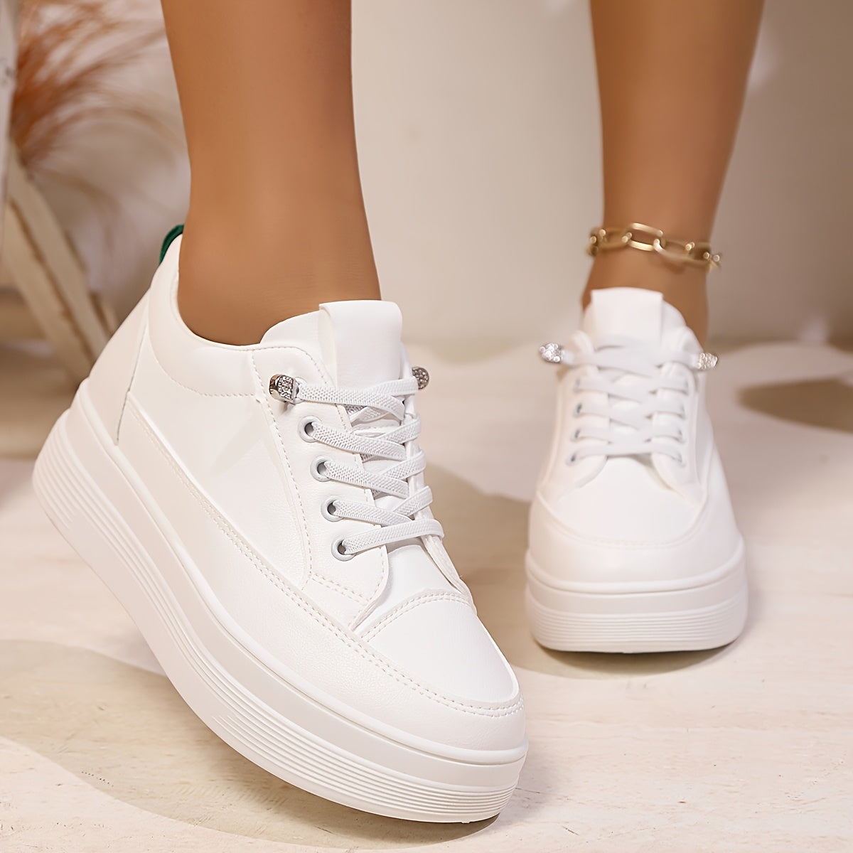 Women's White Low-Top Platform Sneakers with 2.54cm Lift for Casual Wear