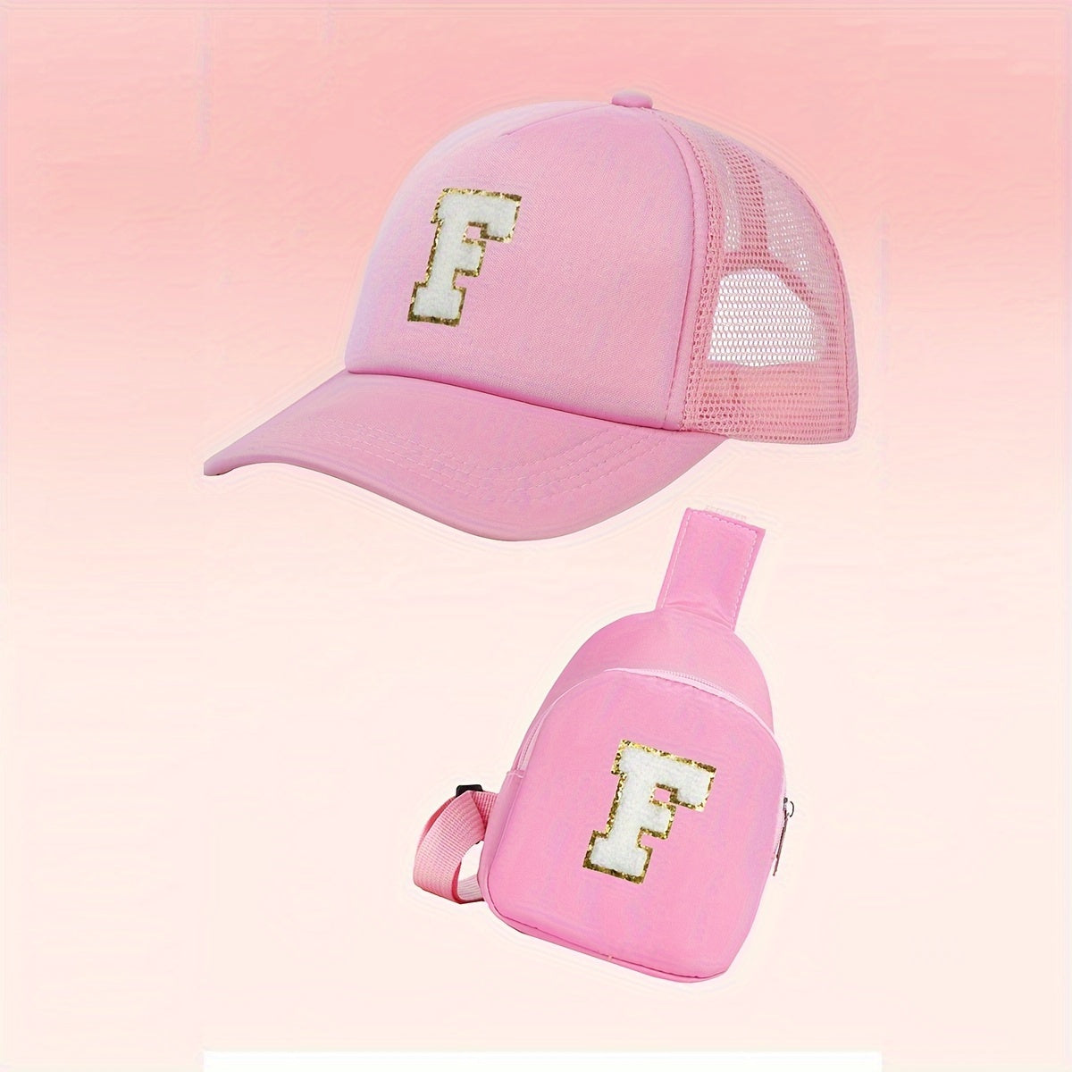 Girls Alphabet-Themed 2-Piece Baseball Cap and Bag Set Polyester Breathable Fitted for Ages 3-14