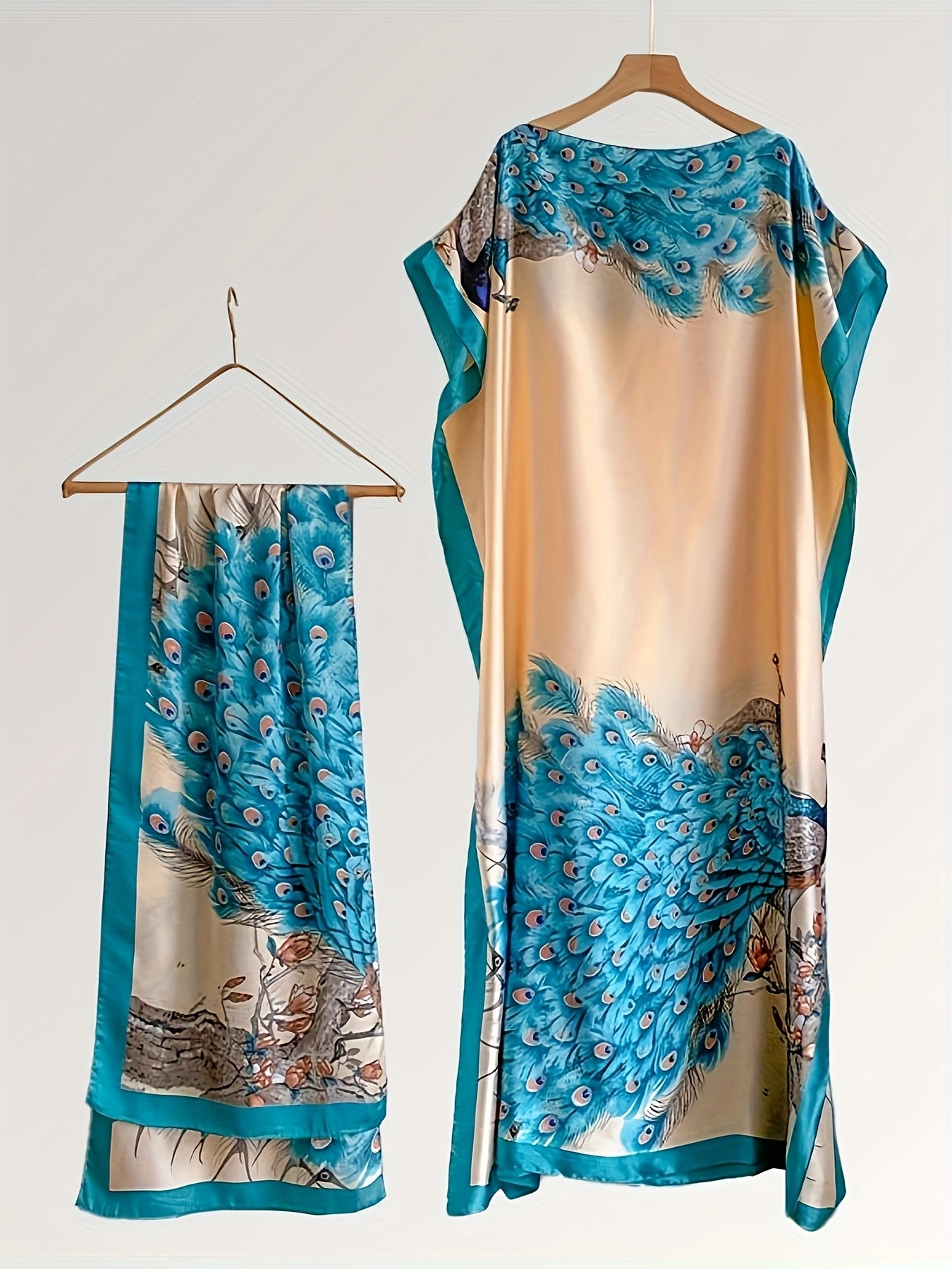 Plus Size Women's Peacock Print Maxi Dress with Scarf, Blue Beige All-Season Casual