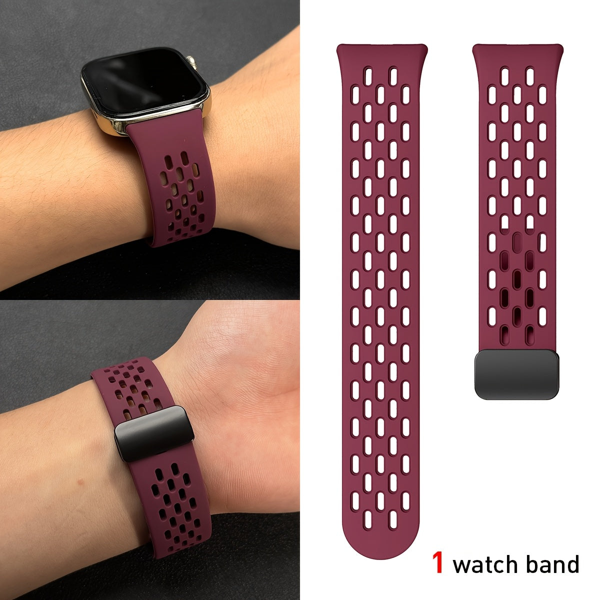 Silicone Watch Strap Breathable Multi-Hole Magnetic Folding for Fitness Tracker